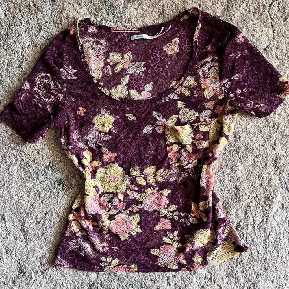 purple lace floral short sleeve top pocket kimchi blue